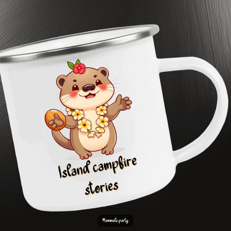 Funny camping mug featuring a playful otter wearing a lei and juggling coconuts, perfect for enjoying drinks during outdoor adventures.