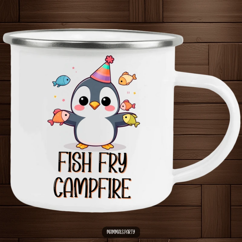 Funny penguin in a party hat juggling colorful fish, on a sturdy camping mug for outdoor fun.