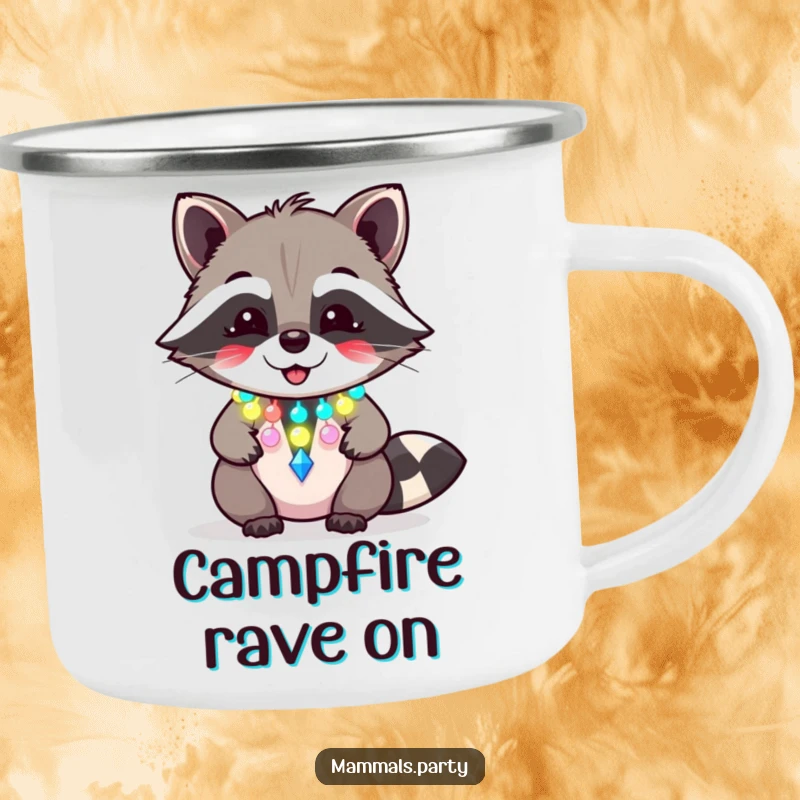 Funny raccoon camping mug featuring a giggling character with a flashing party necklace, perfect for festive outdoor moments.