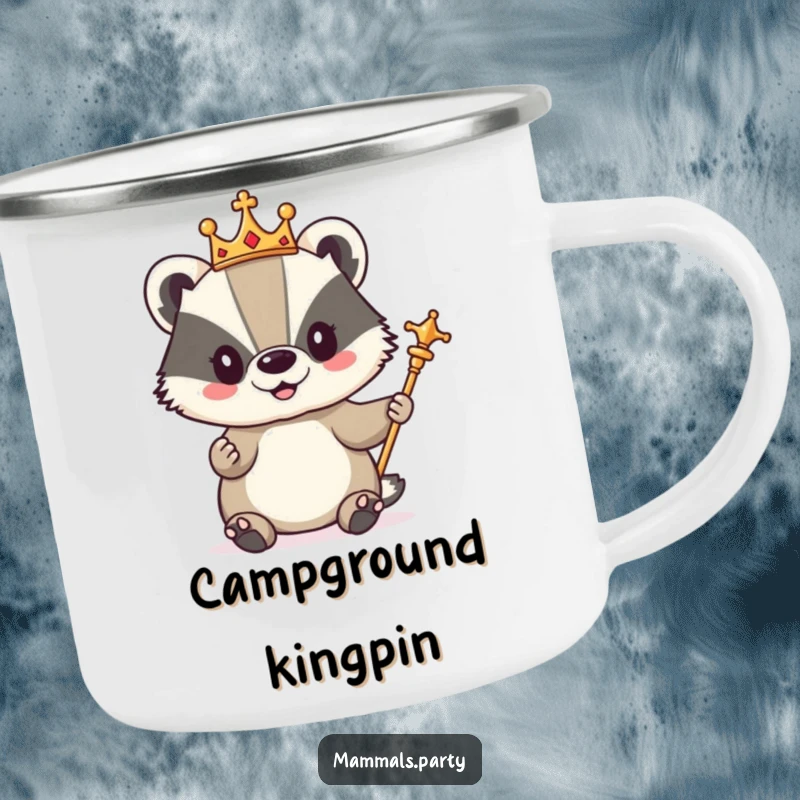 Funny camping mug with a cute badger character wearing a crown and holding a scepter, fit for commanding the wilderness.