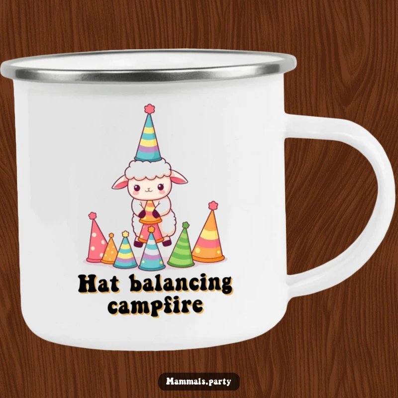 Funny Sheep Camping Mug: Sturdy kawaii sheep hilariously balancing party hats, ready for festive outdoor moments.