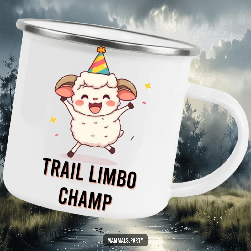 Funny sheep in a party hat attempts to limbo during camping, featured on a durable, humorous mug.
