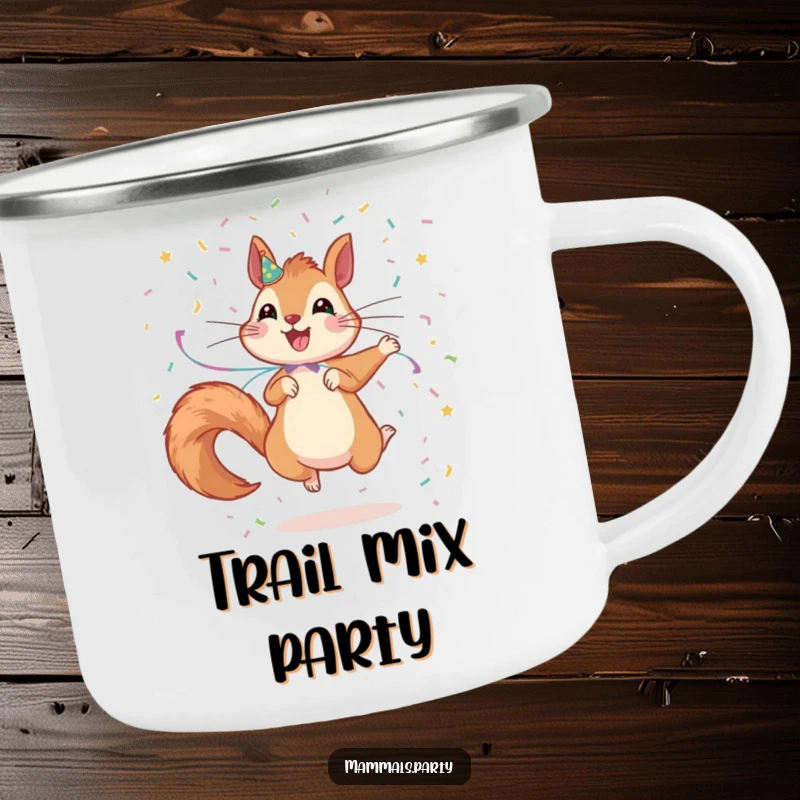 Funny Squirrel Camping Mug: A festive squirrel jumps excitedly, scattering confetti, ready for outdoor drinks and fun.