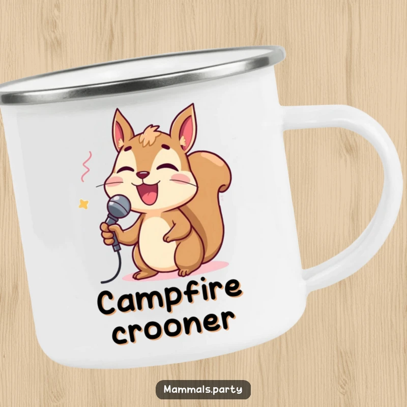 Funny squirrel character holding a tiny microphone and singing karaoke on a durable camping mug, ready for outdoor performances.