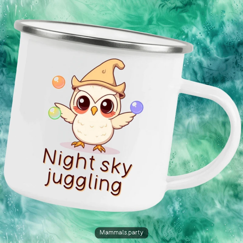 Funny owl character in a silly hat juggling glowing orbs on a durable camping mug, ready for magical outdoor experiences.