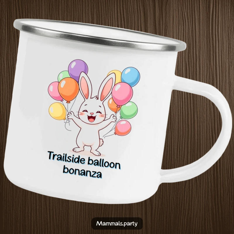 Funny camping mug featuring a happy bunny character juggling colorful balloons, perfect for outdoor enthusiasts who enjoy a touch of whimsy.