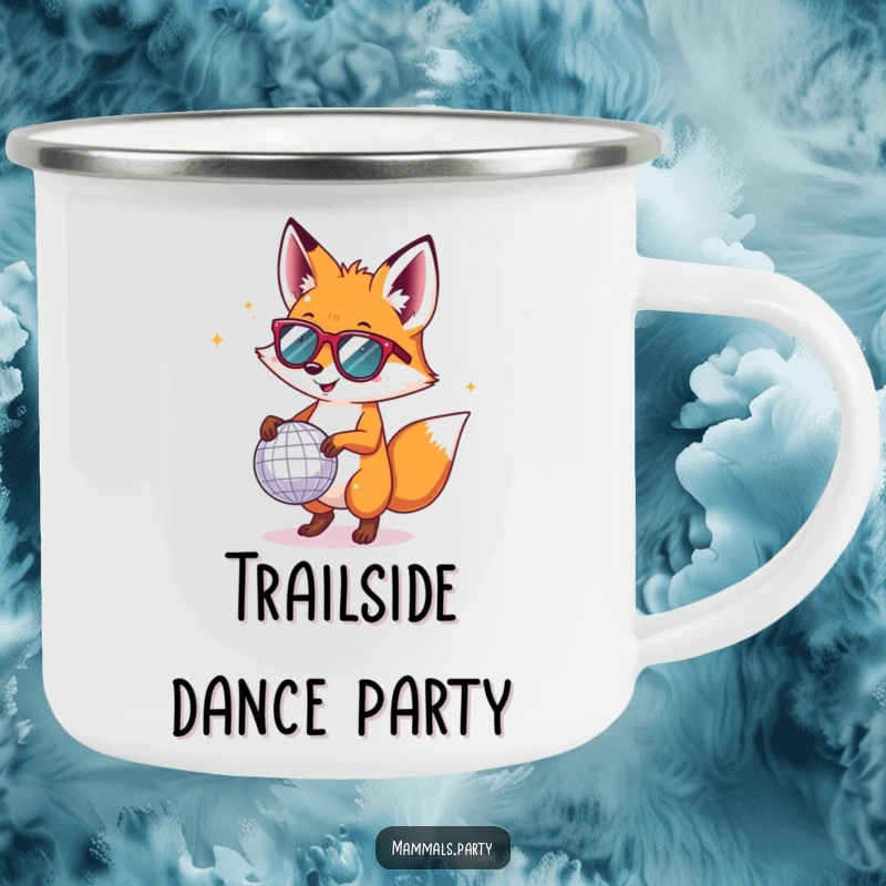 Funny fox in tiny sunglasses, dancing with a disco ball, on a rugged camping mug for hilarious journeys.