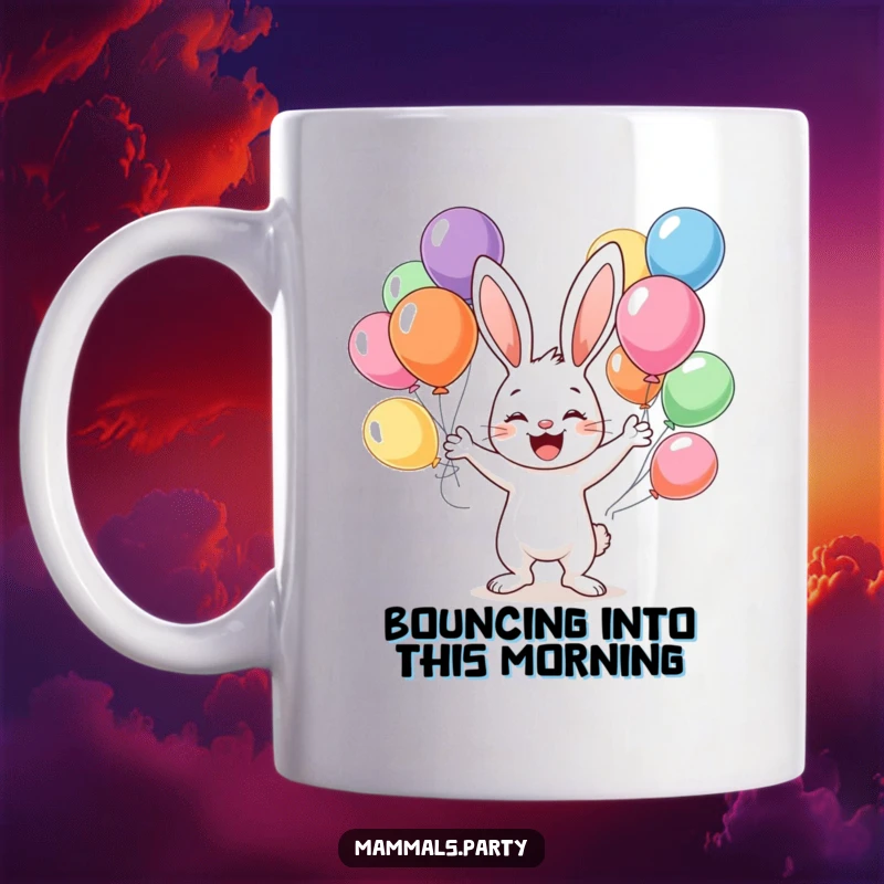 Funny mug featuring a happy bunny character skillfully juggling an assortment of colorful balloons with a cheerful expression.