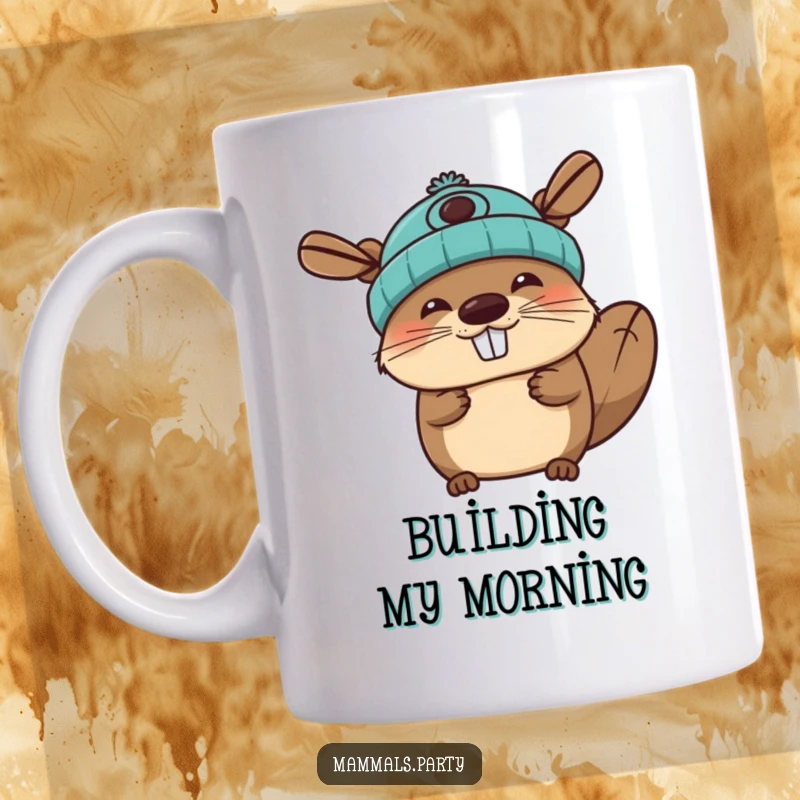 Funny beaver mug featuring a joyous character happily wearing a propeller beanie, radiating cheerful energy.
