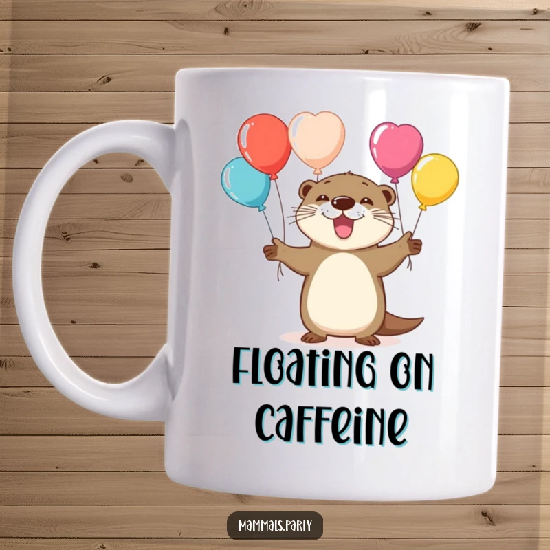 Funny mug featuring a playful otter character skillfully juggling several colorful balloons with a cheerful expression.