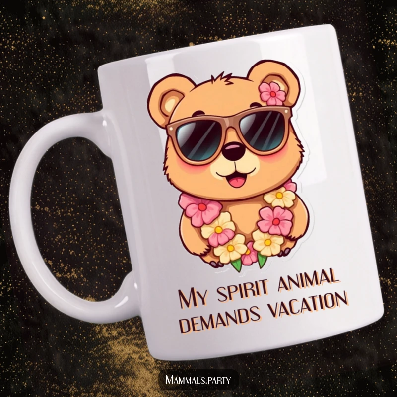Funny mug featuring a curious bear character in oversized sunglasses and a colorful lei, embodying a cool and relaxed vacation mood.