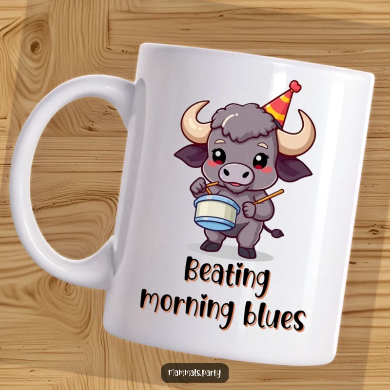 Funny, proud buffalo character in a party hat, playing air drums with rockstar flair, on a humorous mug.