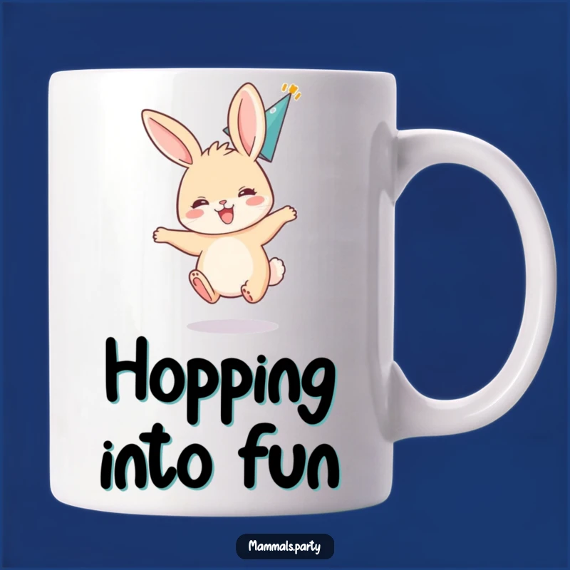 Funny Bunny Party Mug: Excited Hopper with Hat - Hilarious Celebration Gift