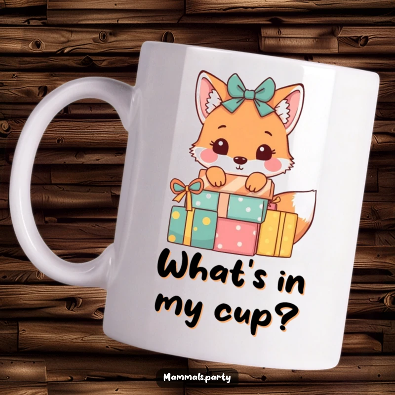 Funny Fox Mug: A playful fox peeks from behind a stack of wrapped presents, with a curious and mischievous expression.