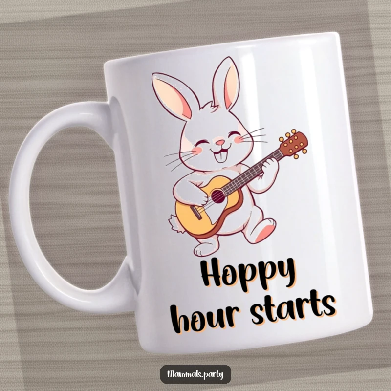 Funny mug showing a happy rabbit with a big grin, energetically playing a small guitar, radiating pure musical delight.