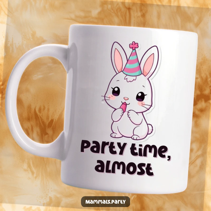 Funny kawaii bunny wearing a tiny party hat, struggling to blow a noisemaker, a cheerful party character.
