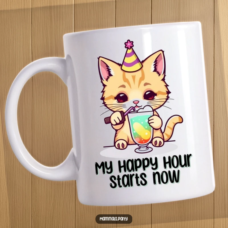 Funny kawaii cat in party hat furiously mixing a colorful cocktail in a mug, exuding chaotic joy and perfect for gifting.