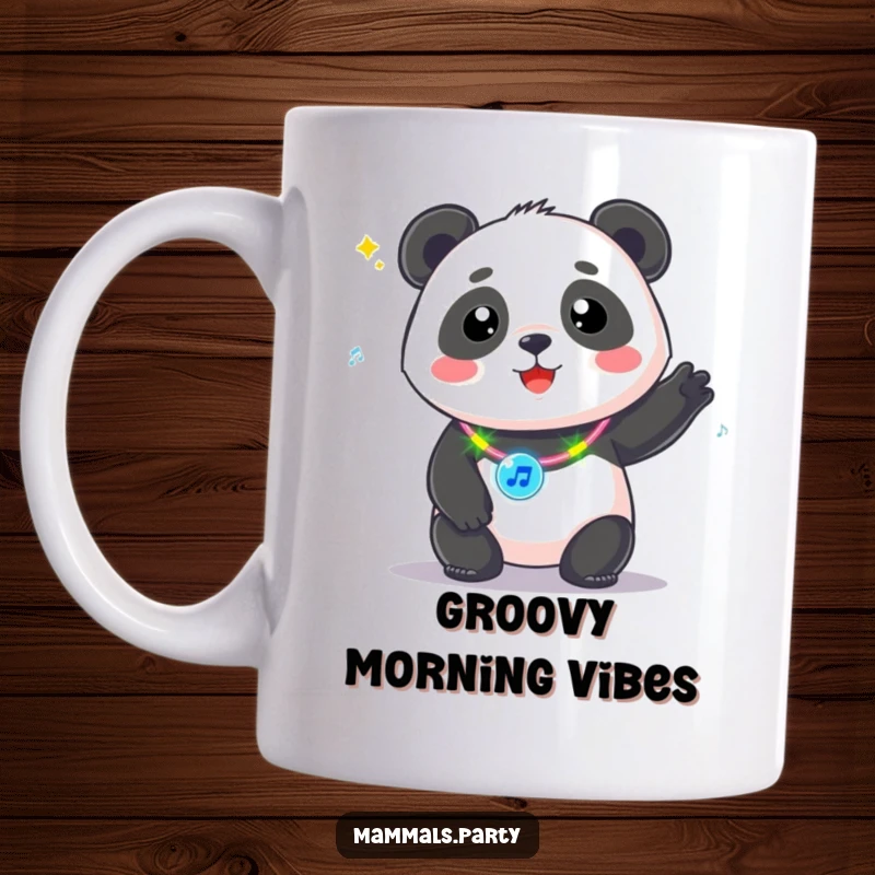 Funny Kawaii Panda with a flashing necklace, bopping to music, perfect for a mug, embodying pure party energy.
