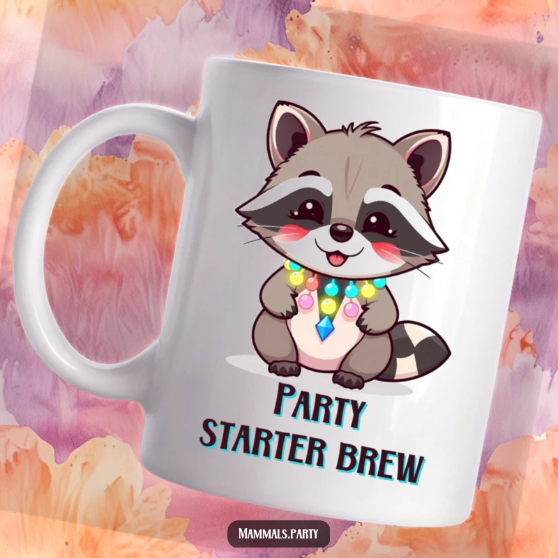 Funny raccoon mug featuring a giggling character wearing a flashing party necklace, radiating mischievous and celebratory energy.