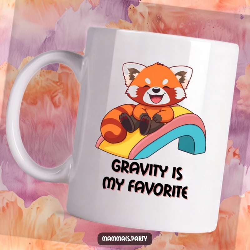 Funny mug featuring a giggling red panda joyfully sliding down a vibrant rainbow slide with a huge, happy grin.