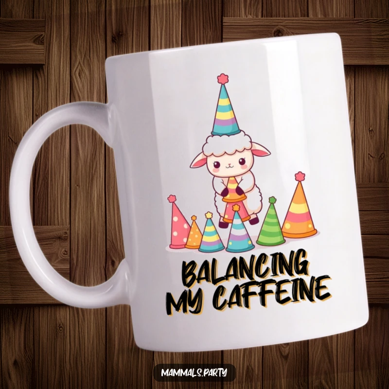 Funny Sheep Mug: Cute kawaii sheep hilariously attempting to balance a tall tower of colorful party hats with a focused expression.