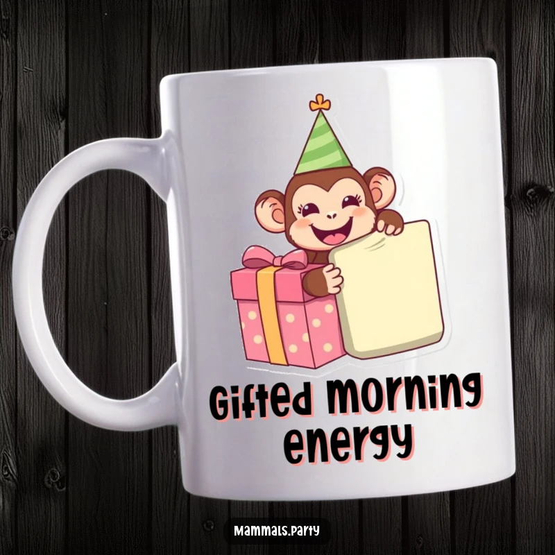 Funny Monkey Mug: A happy monkey in a party hat eagerly unwraps a giant present, radiating pure excitement and celebratory vibes.