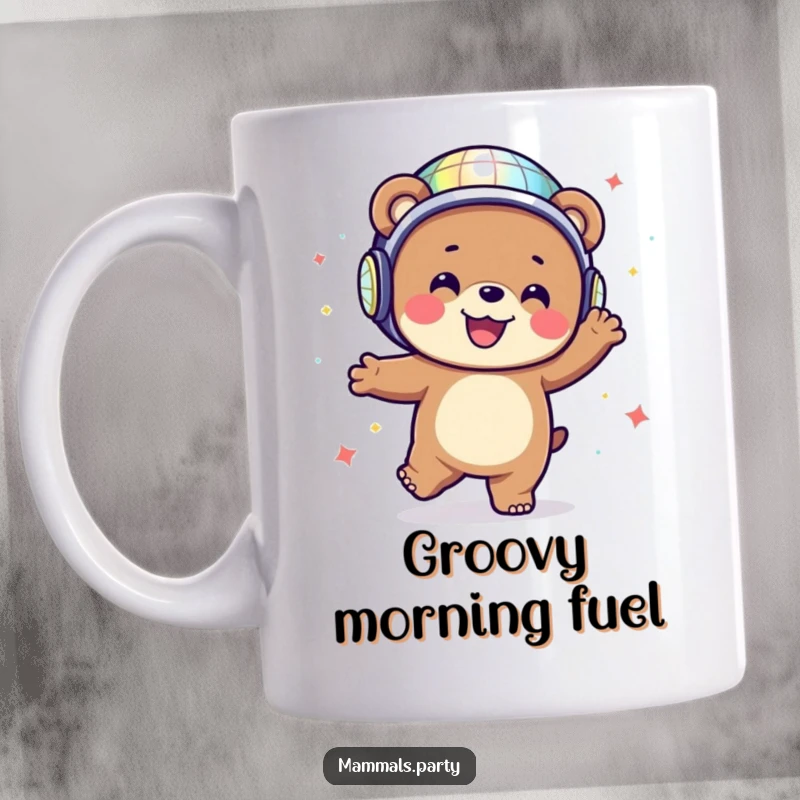 Happy bear wearing a disco ball helmet dancing energetically on a mug, radiating pure joy.