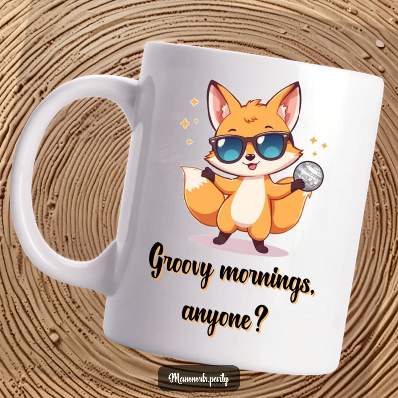 Funny mug showcasing a joyful fox in cool sunglasses, energetically dancing with a sparkling disco ball, radiating pure party vibes.
