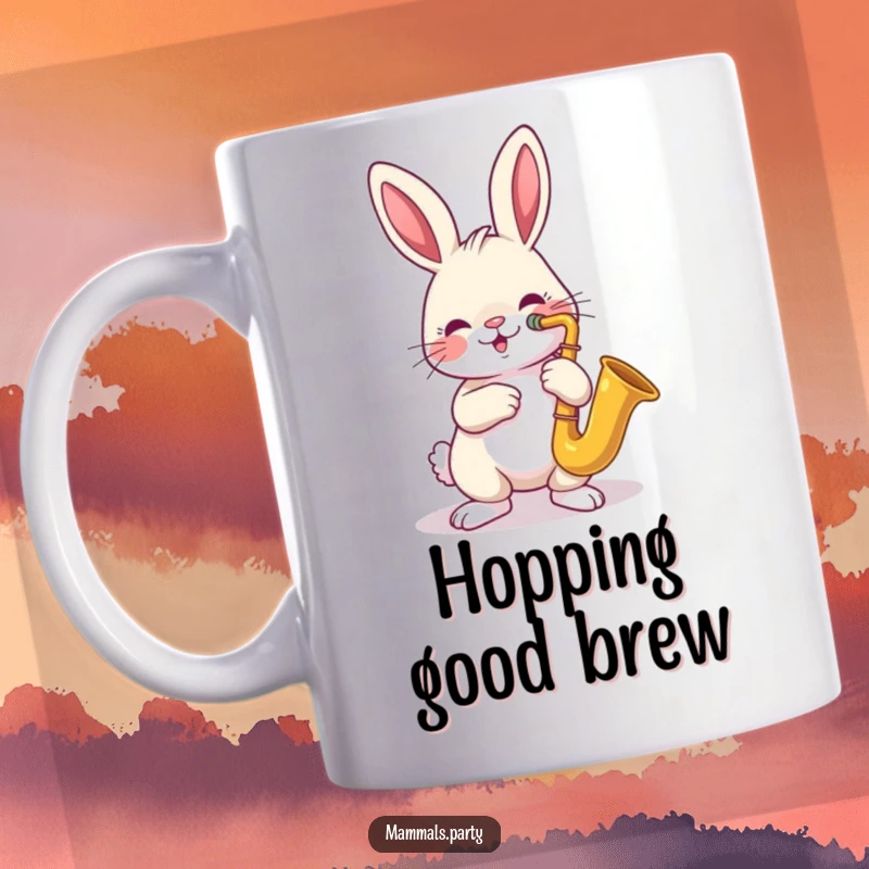 Funny mug featuring a cheerful rabbit character joyfully playing a small, shiny saxophone, grooving to an imaginary tune.
