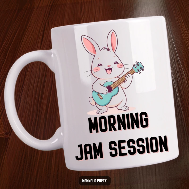Funny cheerful rabbit with a big grin, happily strumming a tiny acoustic guitar, radiating musical joy.