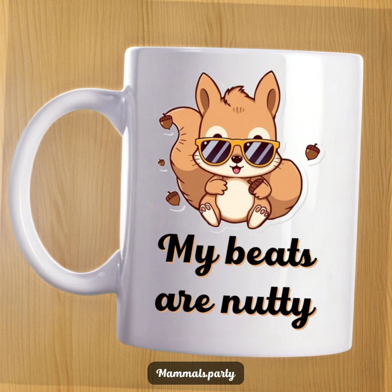 Funny Kawaii Squirrel DJ Mug with sunglasses spinning acorns, looking cool and ready to party. A hilarious gift for animal and music lovers.