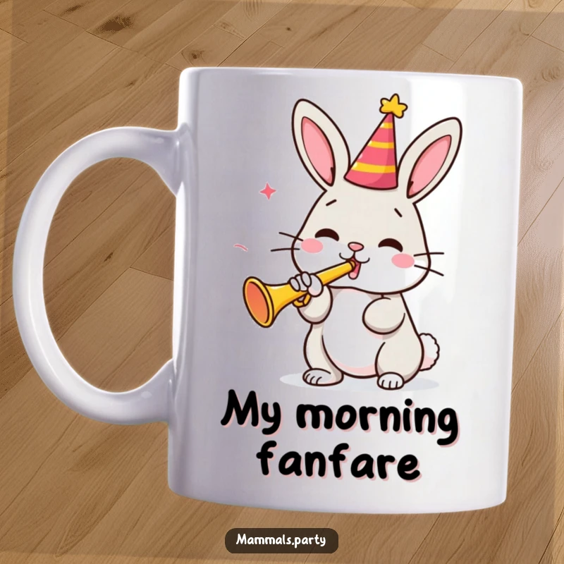 Funny bunny character in a party hat joyfully blowing a tiny trumpet, celebrating on a colorful background, perfect for a cheerful gift.