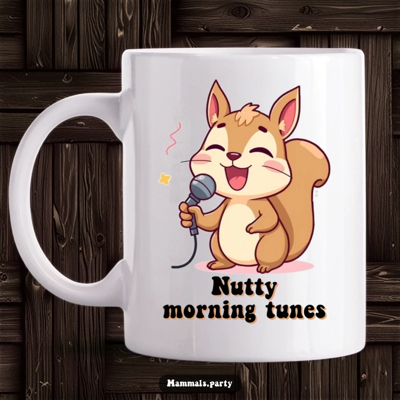 Funny squirrel character holding a tiny microphone and enthusiastically singing karaoke, full of joy, perfect for a funny gift.
