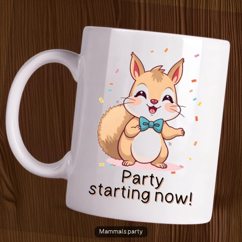 Funny Kawaii Squirrel in a bow tie throwing confetti, celebrating with pure joy and excitement, perfect for a party lover's mug.