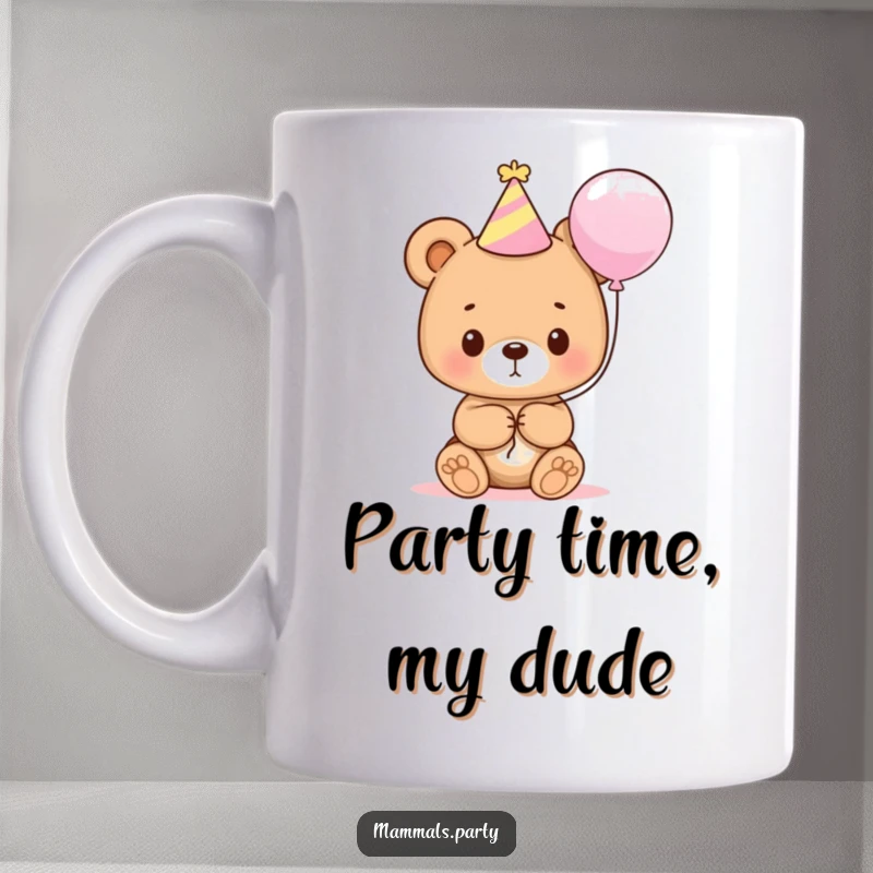 Funny bear cub wearing a party hat and holding a balloon, looking absolutely delighted and ready to party.