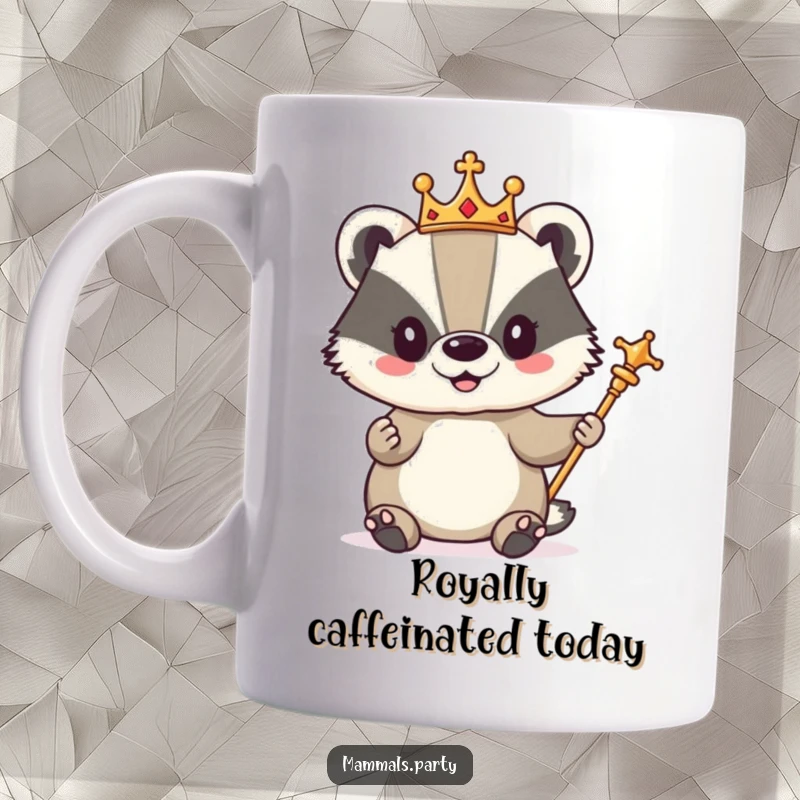 Funny mug depicting a cute badger character wearing a miniature golden crown and holding a small, sparkling scepter with pride.