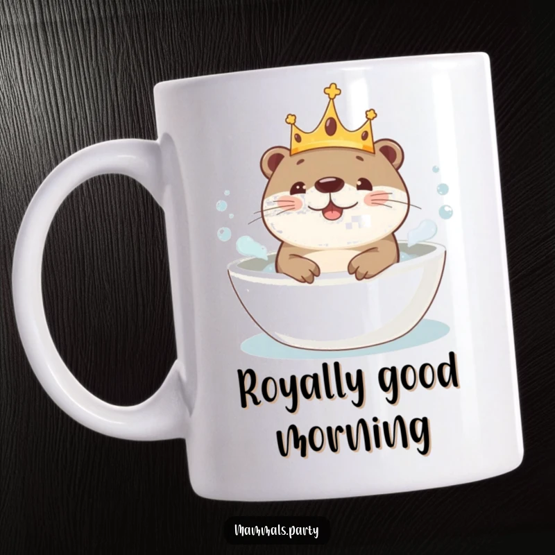 Funny Kawaii Otter adorned with a crown, gleefully splashing in a bubbly bath, perfect for a mug, conveying pure bliss.