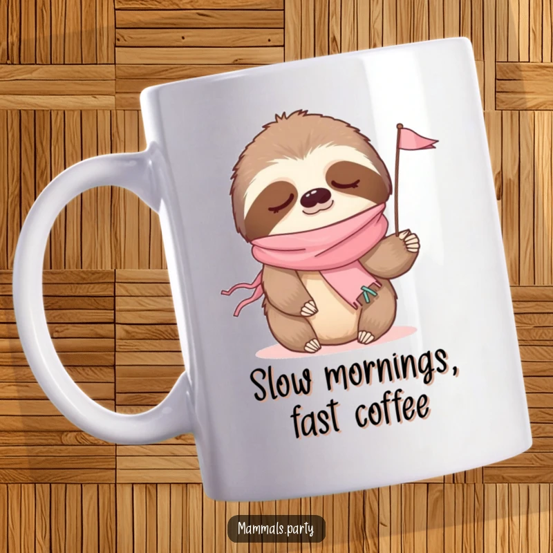 Funny mug featuring a sleepy sloth wearing a party streamer, waving a tiny flag with a content smile.