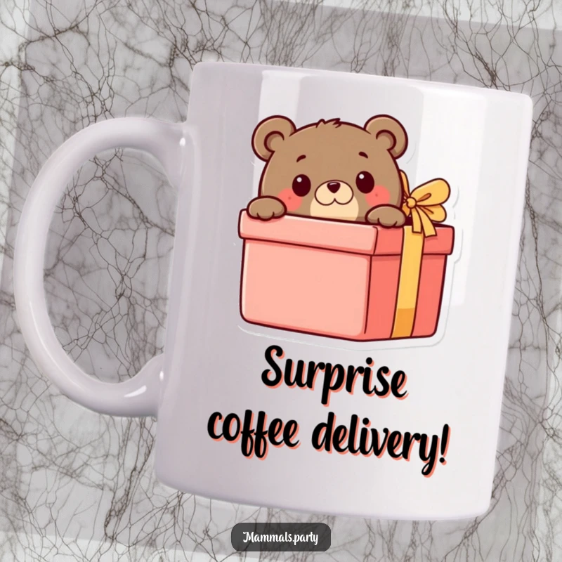 Funny Bear Mug: A curious bear excitedly peeks from behind a giant gift box, showcasing a sense of playful anticipation and wonder.