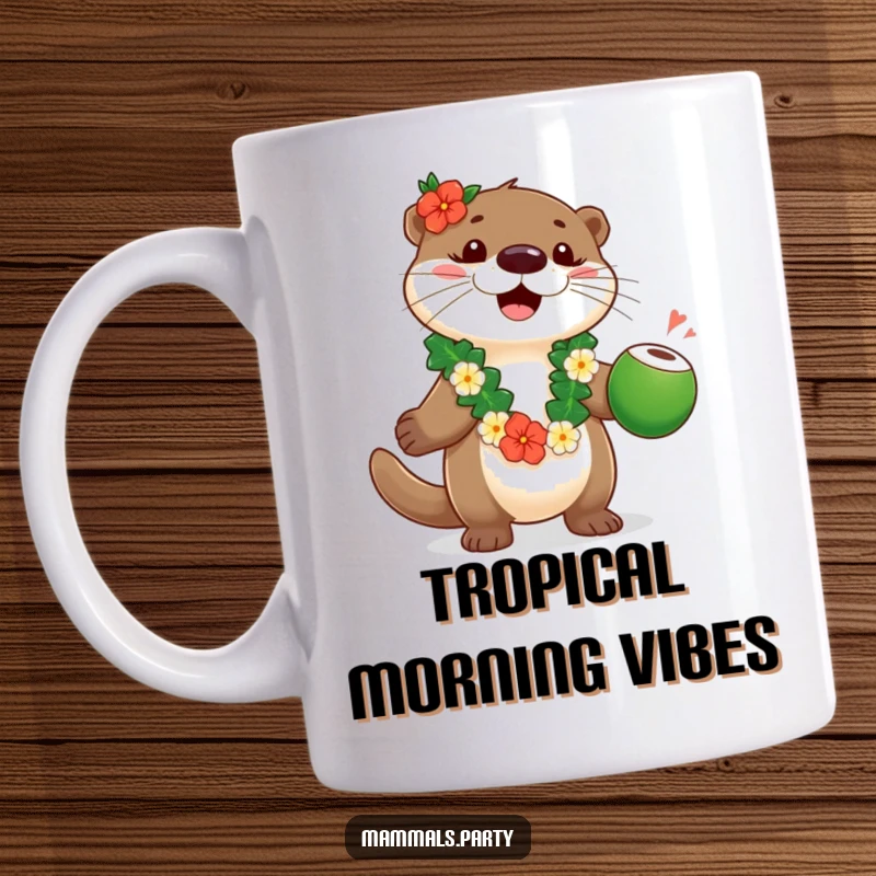 Funny playful otter wearing a festive lei, skillfully juggling coconuts with a happy expression.