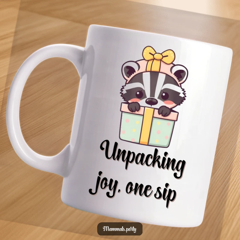 Funny mug featuring a playful badger peeking curiously from behind a generously overflowing gift box.