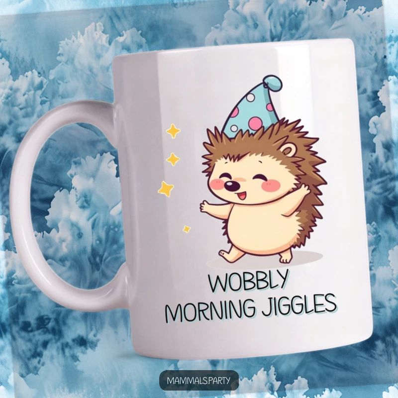 Funny Kawaii Hedgehog in a silly hat, attempting a clumsy dance move, perfect for a mug, conveying pure awkward charm.