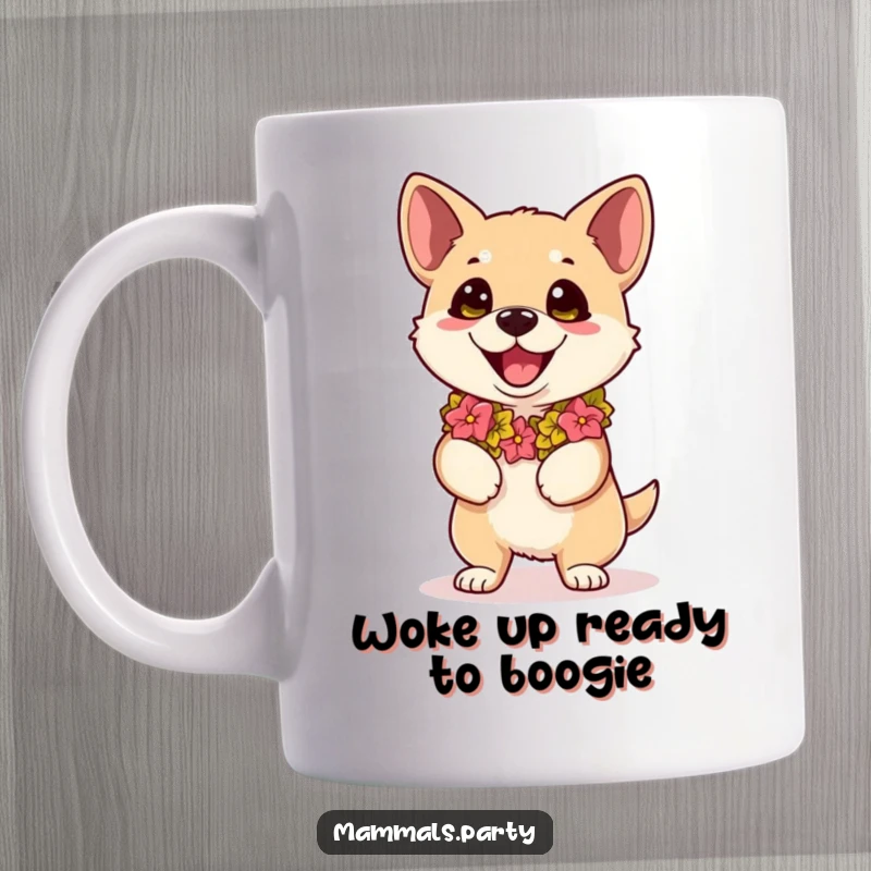 Funny kawaii dog wearing a lei, eyes wide with excitement at a dance, featured on a mug for humorous enjoyment.