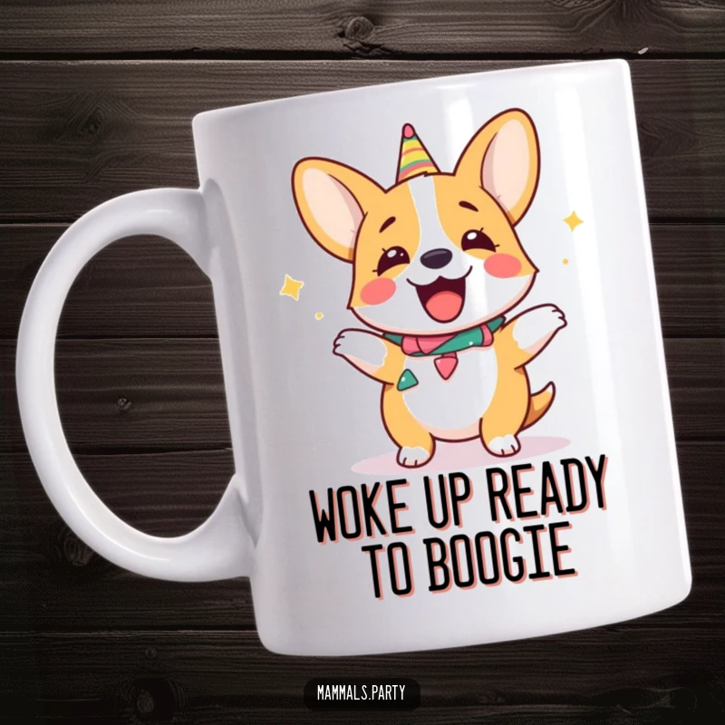 Funny giggling corgi character wearing a party collar, doing a silly dance with pure joy and infectious energy.