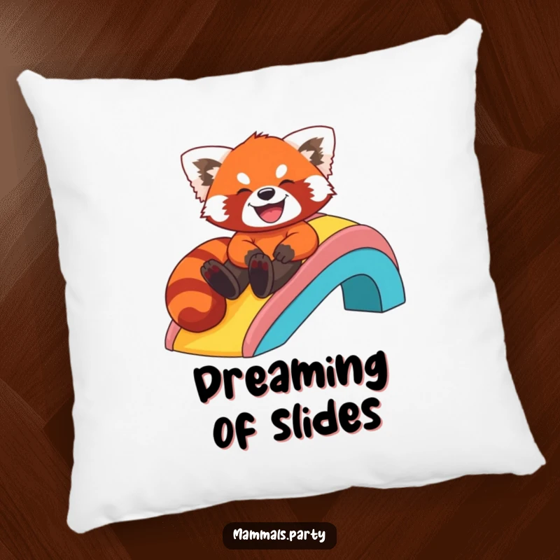 Funny pillow featuring a giggling red panda mid-slide on a rainbow, adding a playful and humorous touch to any room.