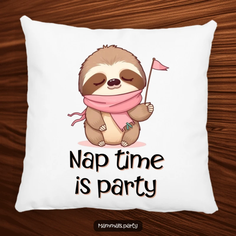 Funny pillow featuring a sleepy sloth with a party streamer scarf, gently waving a tiny flag, for ultimate comfort.