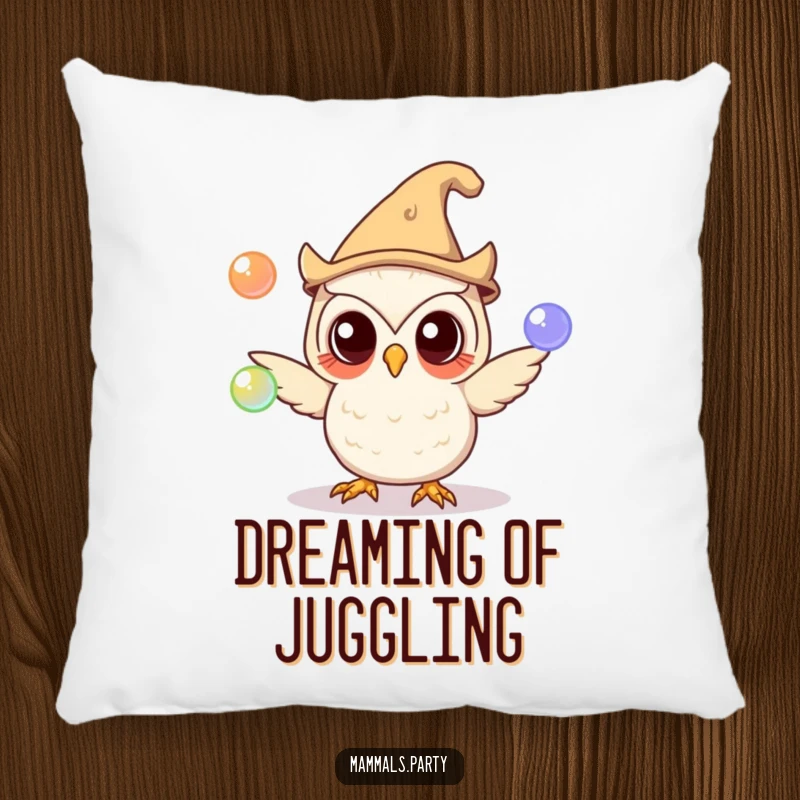 Funny owl in a silly hat juggling glowing orbs, depicted on a comfortable pillow, perfect for adding a touch of magic and humor.