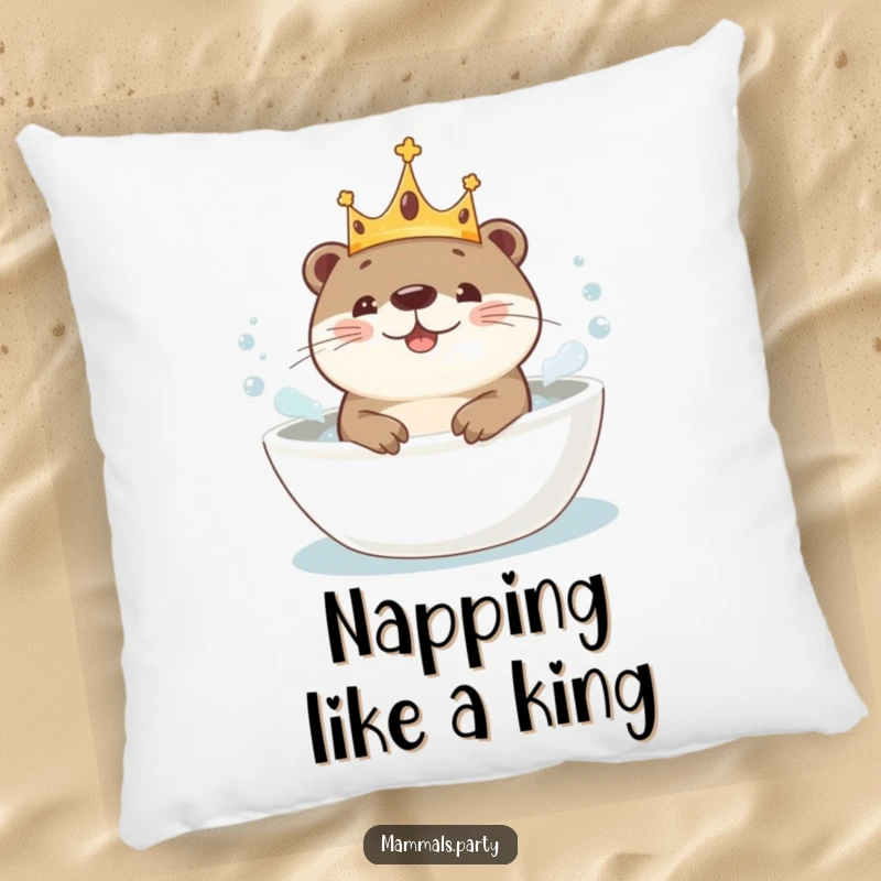 Funny Kawaii Otter wearing a crown, joyfully bathing amongst bubbles, a soft and comforting pillow for ultimate relaxation.