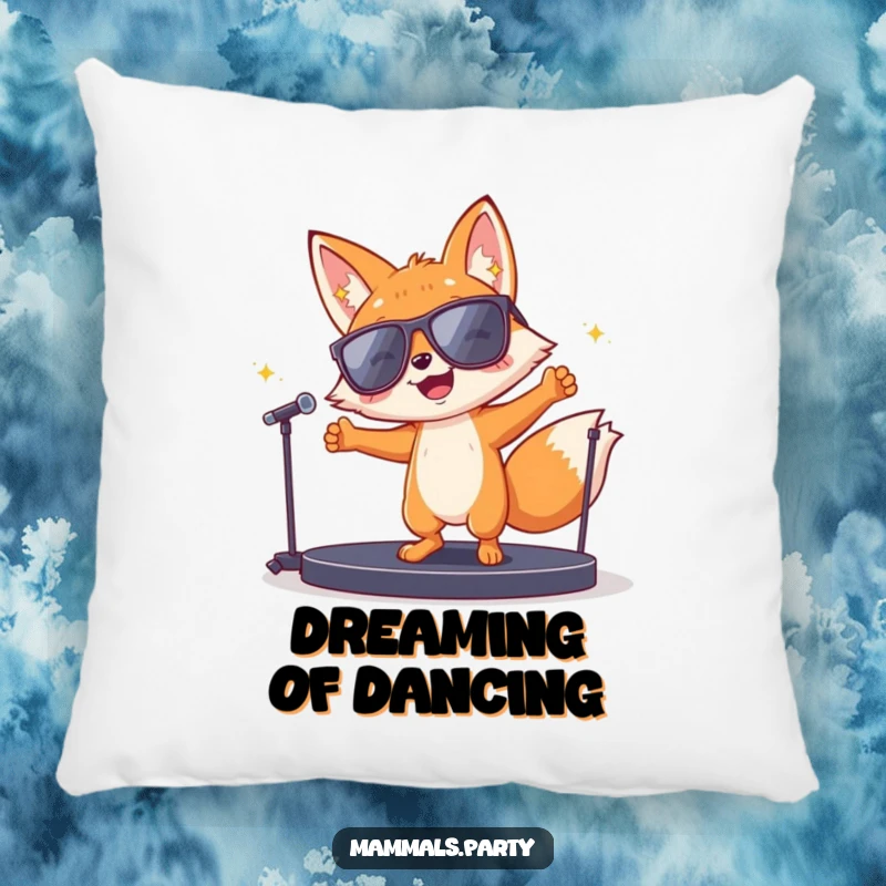 Funny fox character in sunglasses dancing wildly on a small stage, depicted on a comfortable pillow, perfect for adding fun to any room.