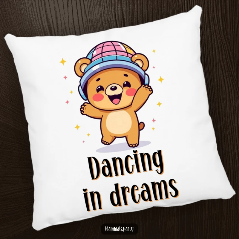 Funny pillow featuring a happy bear dancing energetically in a disco ball helmet, offering comfort and retro humor.